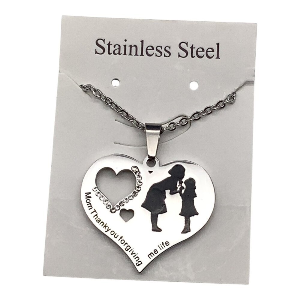 Heart Pendant Necklace Mother & Child Stainless Steel Chain Engraved‎ Jewelry